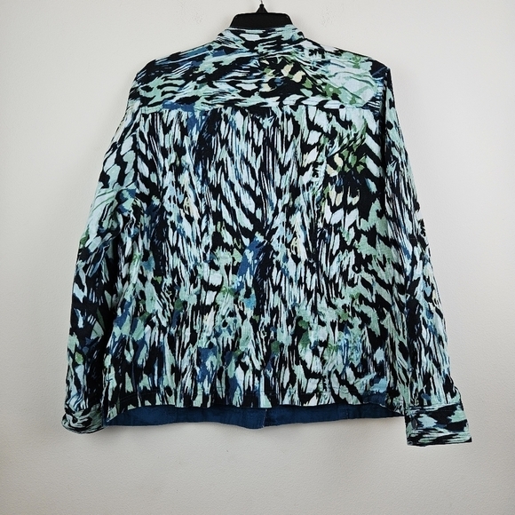 CHICOS Reversible Solid to Print Jacket Linen Blend Snap Front Pockets Sz 16/18 - Picture 2 of 10